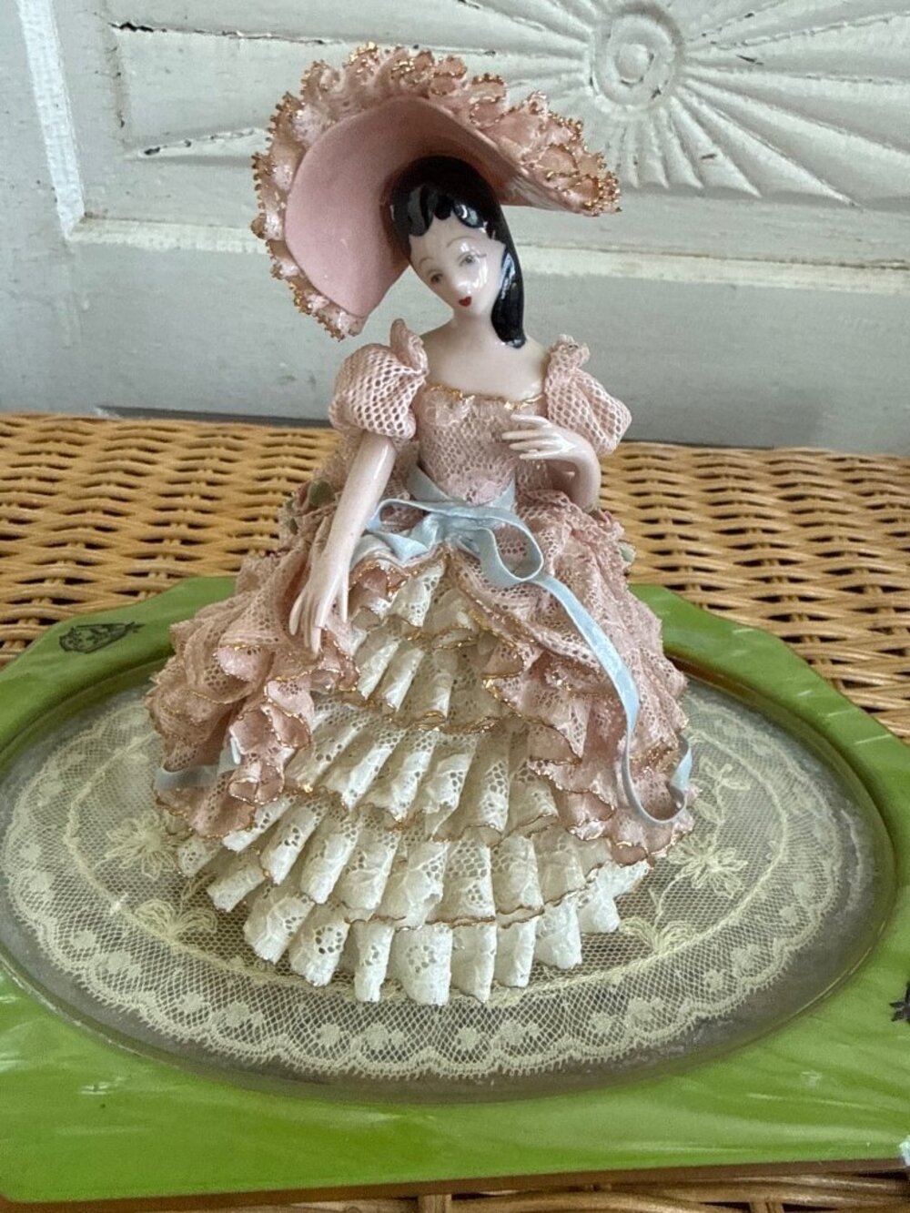 Vintage 50's Pink Lace Porcelain Victorian Lady Figurine Heirlooms Of Tomorrow